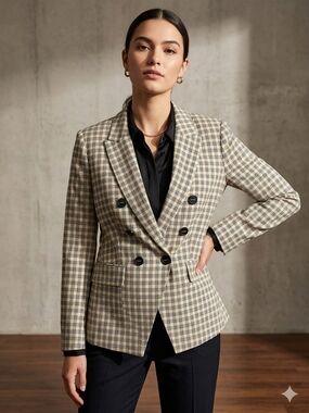 DKNY Double-Breasted Plaid Blazer in Beige and Black